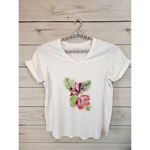 Woman Within Women's White Flower‎ Graphic V-Neck Short Sleeve T-Shirt Size 1X